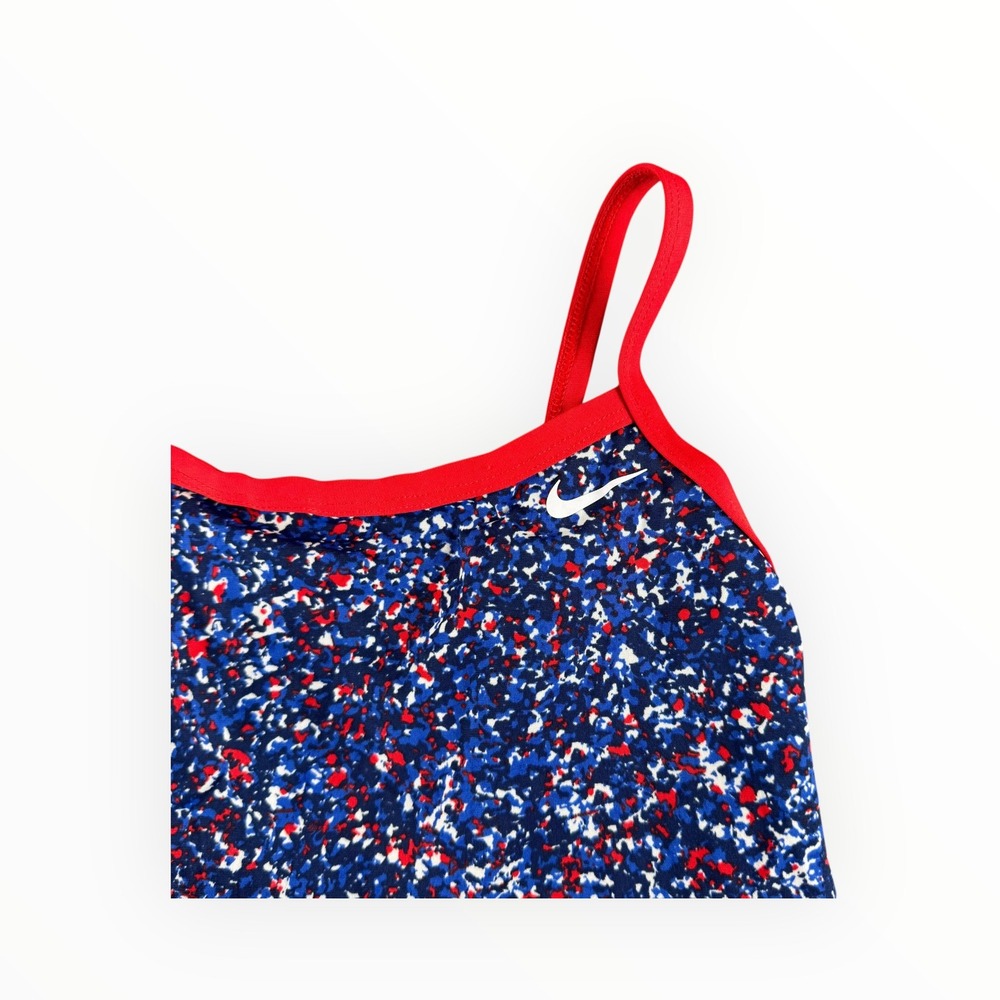 Nike Womens One‎ Piece Swimsuit Red White Blue Confetti Print Athletic Racerback - Picture 2 of 5
